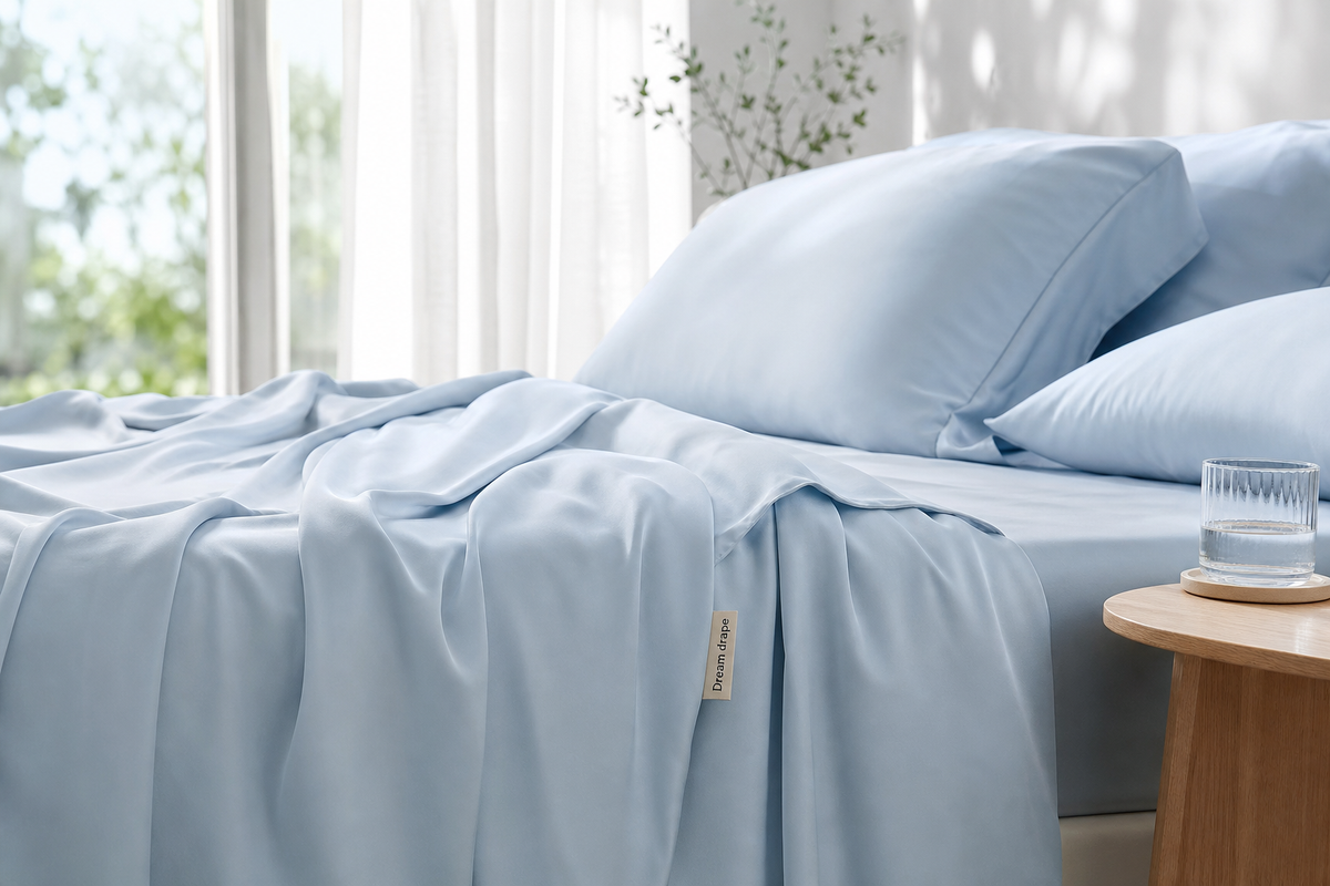Dream drape glacier blue lyocell cooling bedding lifestyle image