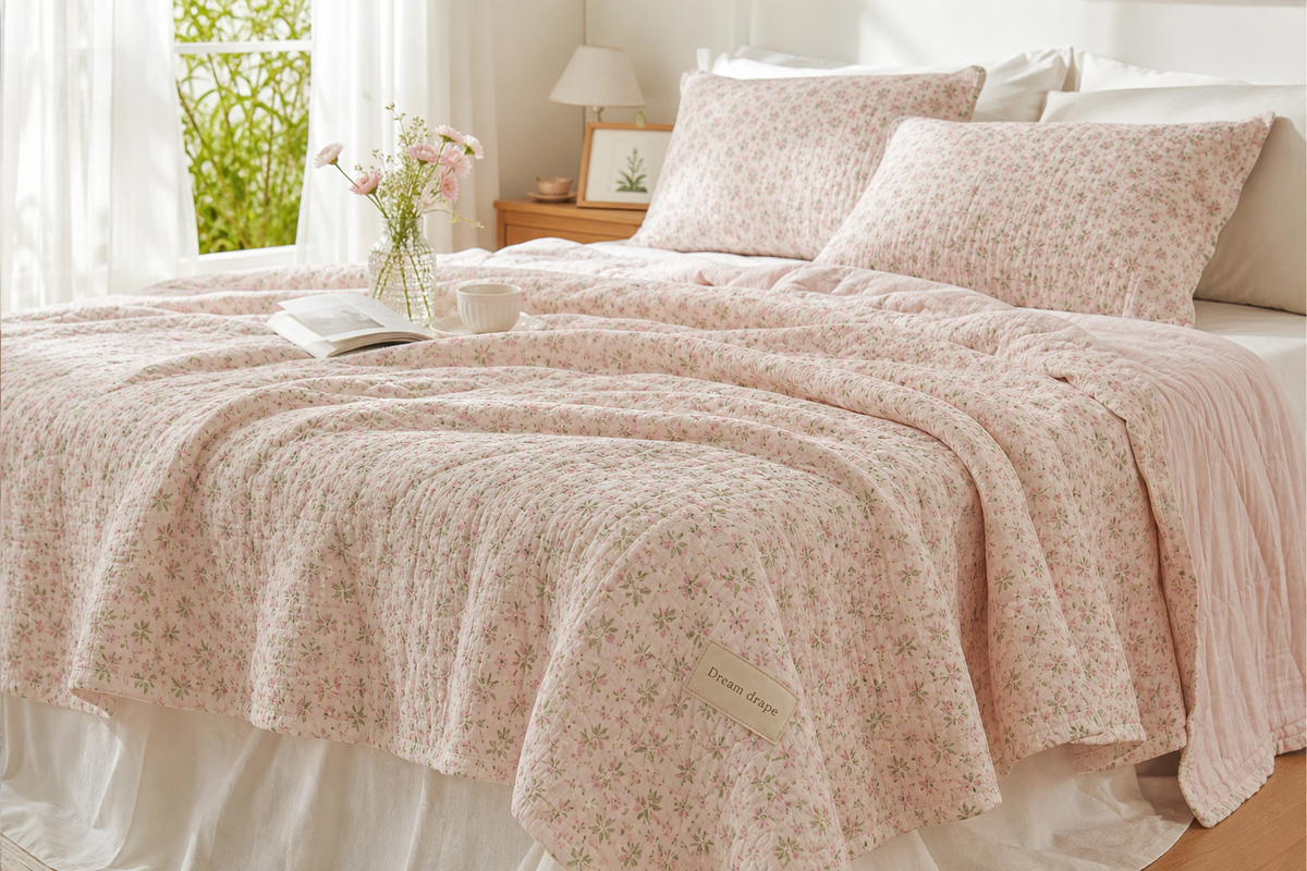 Dream drape Korean floral quilted bedding hero image