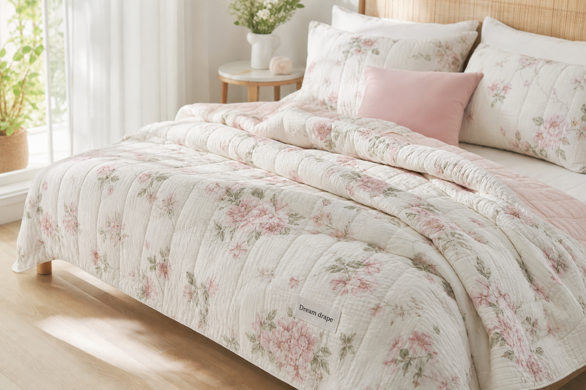 Dream drape Korean floral quilted bedding lifestyle image