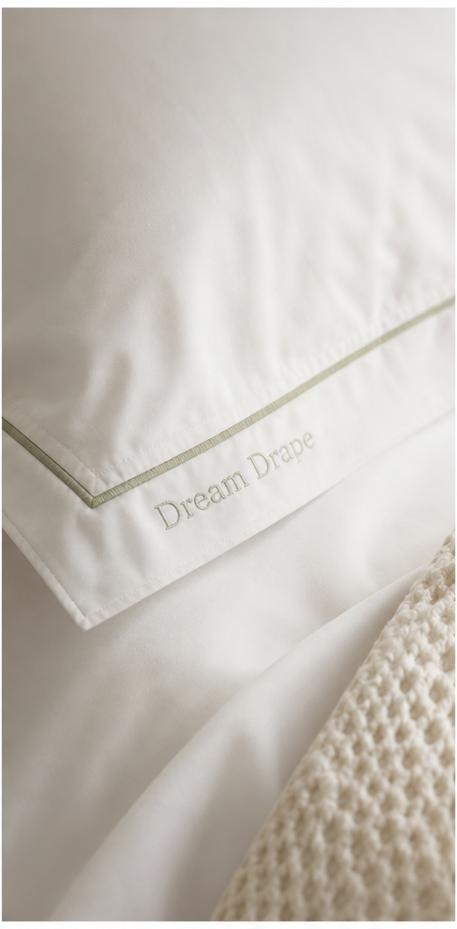 Dream drape Long Staple Cotton Bedding detail with logo